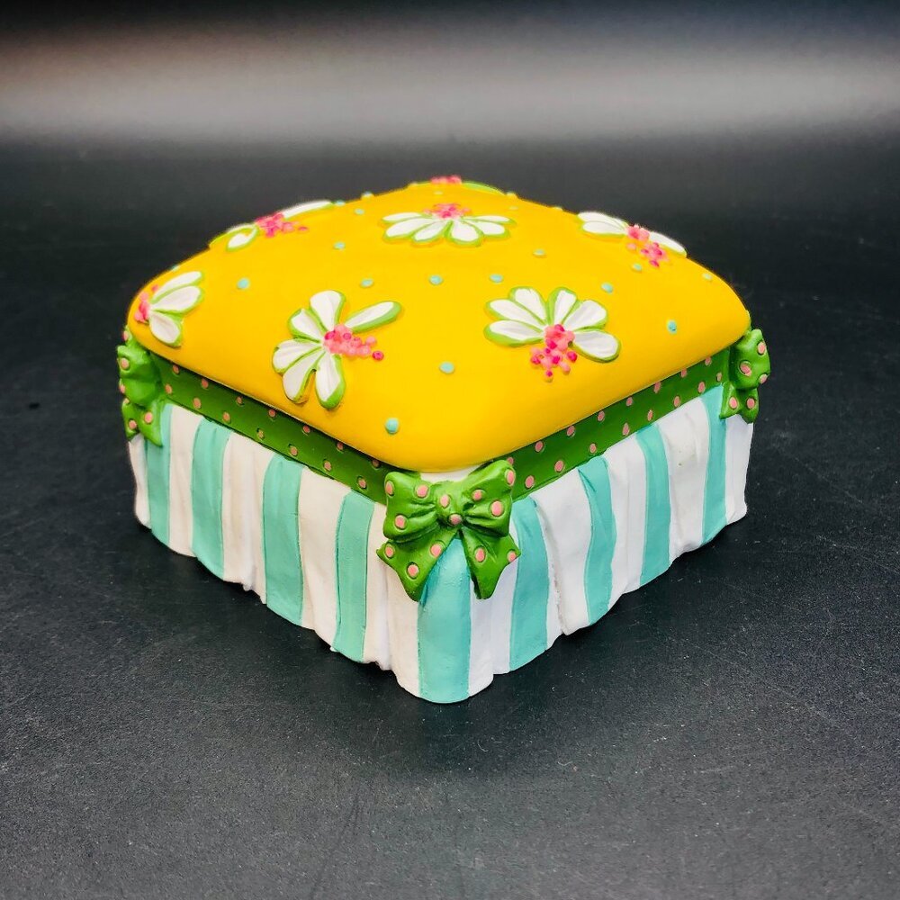 80s Shannon McGraw Ottoman Jewelry Box Vintage Two's Company Daisy Stripe Bow